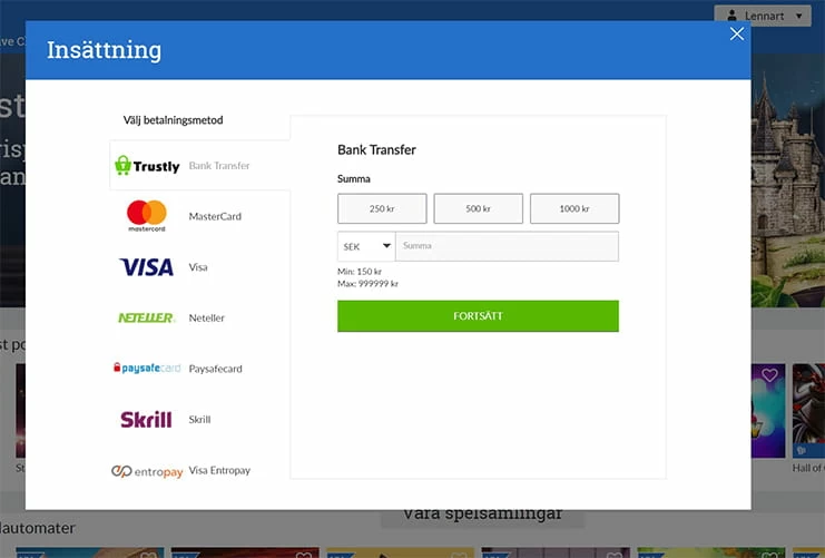 Insättningsalternativ hos SverigeAutomaten